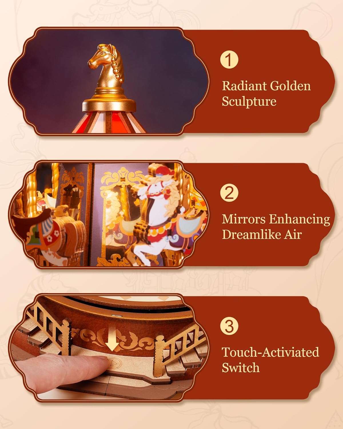 Bravie Minimalist Wooden 3D Carousel Mechanical Music Box Puzzle with Ambient LED