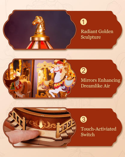 Bravie Minimalist Wooden 3D Carousel Mechanical Music Box Puzzle with Ambient LED