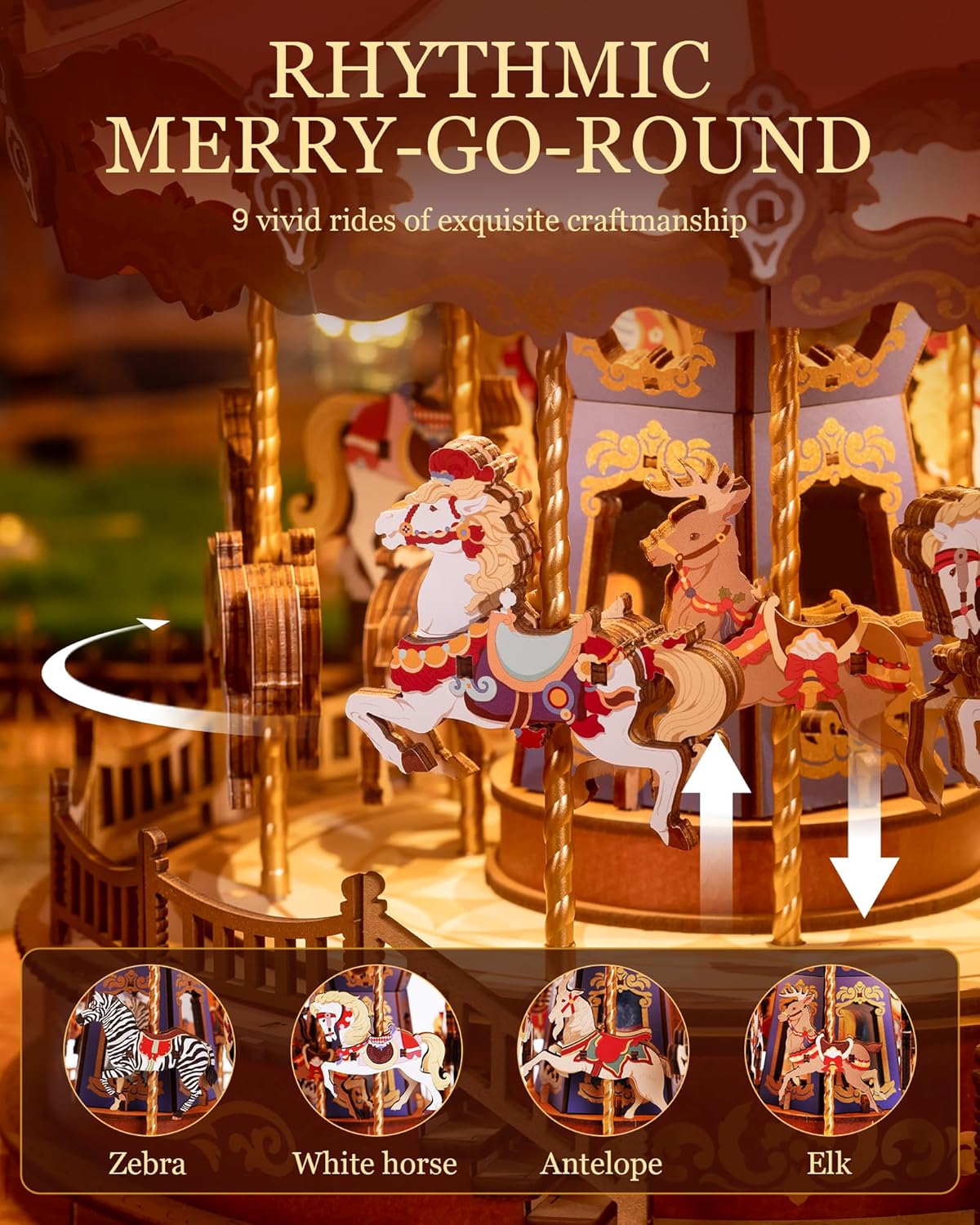 Bravie Minimalist Wooden 3D Carousel Mechanical Music Box Puzzle with Ambient LED