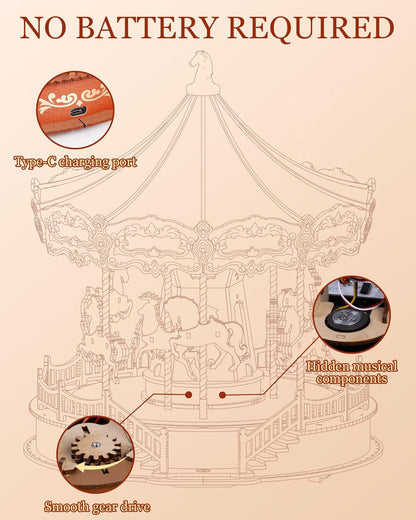 Bravie Minimalist Wooden 3D Carousel Mechanical Music Box Puzzle with Ambient LED