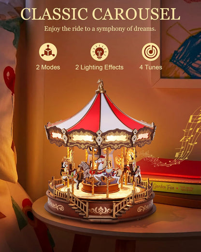 Bravie Minimalist Wooden 3D Carousel Mechanical Music Box Puzzle with Ambient LED