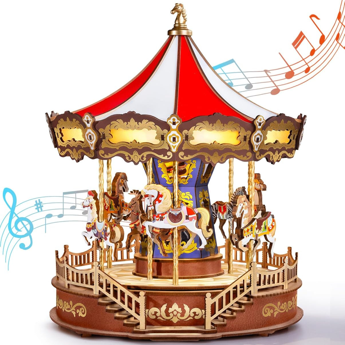 Bravie Minimalist Wooden 3D Carousel Mechanical Music Box Puzzle with Ambient LED