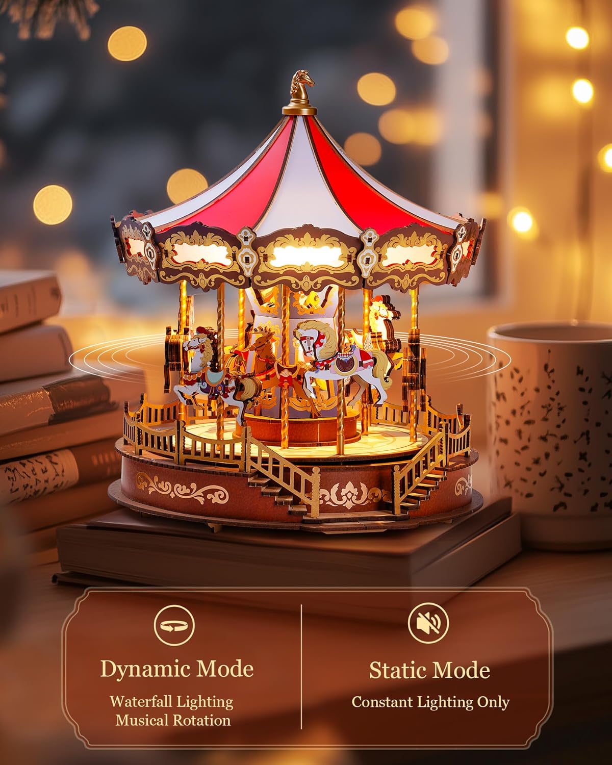 Bravie Minimalist Wooden 3D Carousel Mechanical Music Box Puzzle with Ambient LED