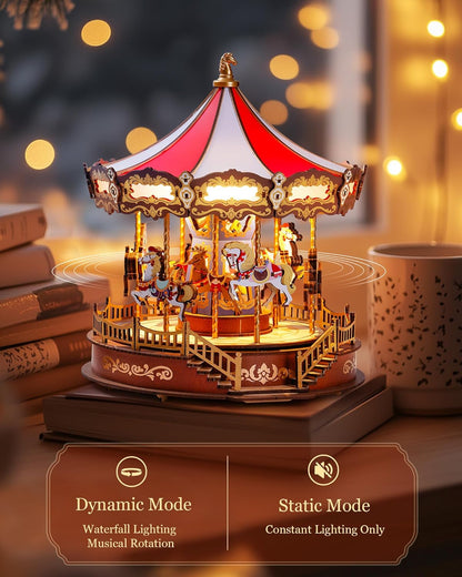 Bravie Minimalist Wooden 3D Carousel Mechanical Music Box Puzzle with Ambient LED
