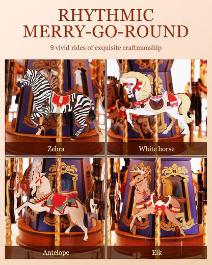 Bravie Minimalist Wooden 3D Carousel Mechanical Music Box Puzzle with Ambient LED