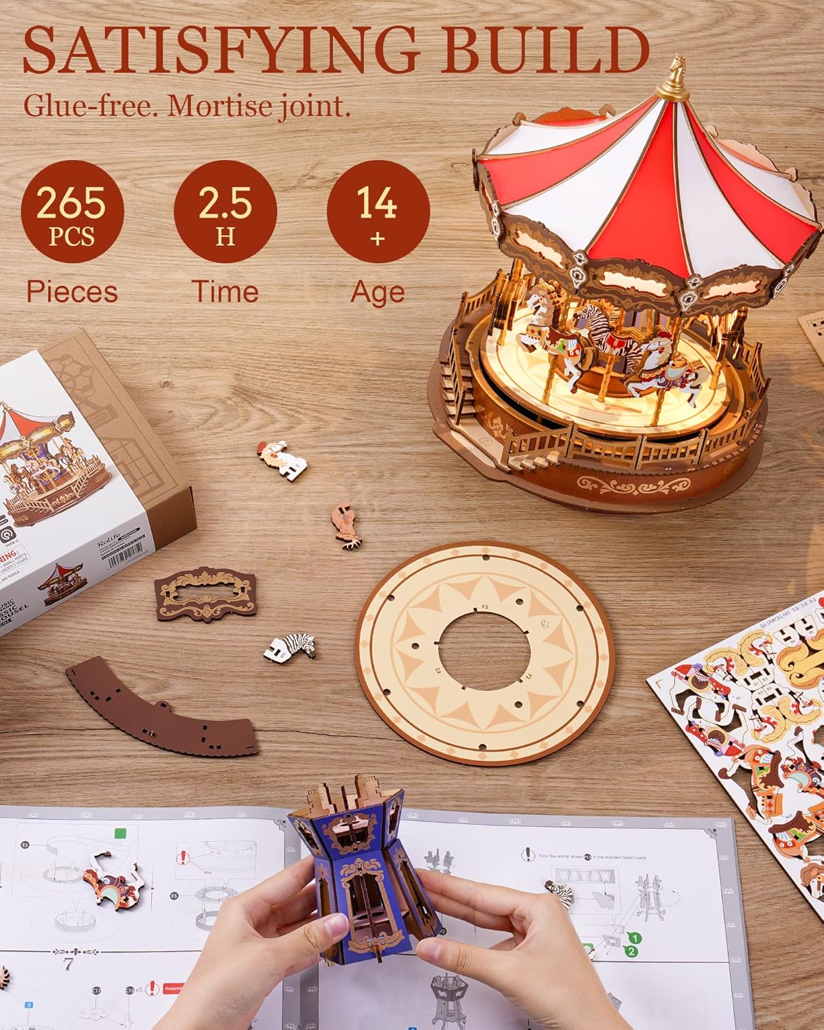 Bravie Minimalist Wooden 3D Carousel Mechanical Music Box Puzzle with Ambient LED